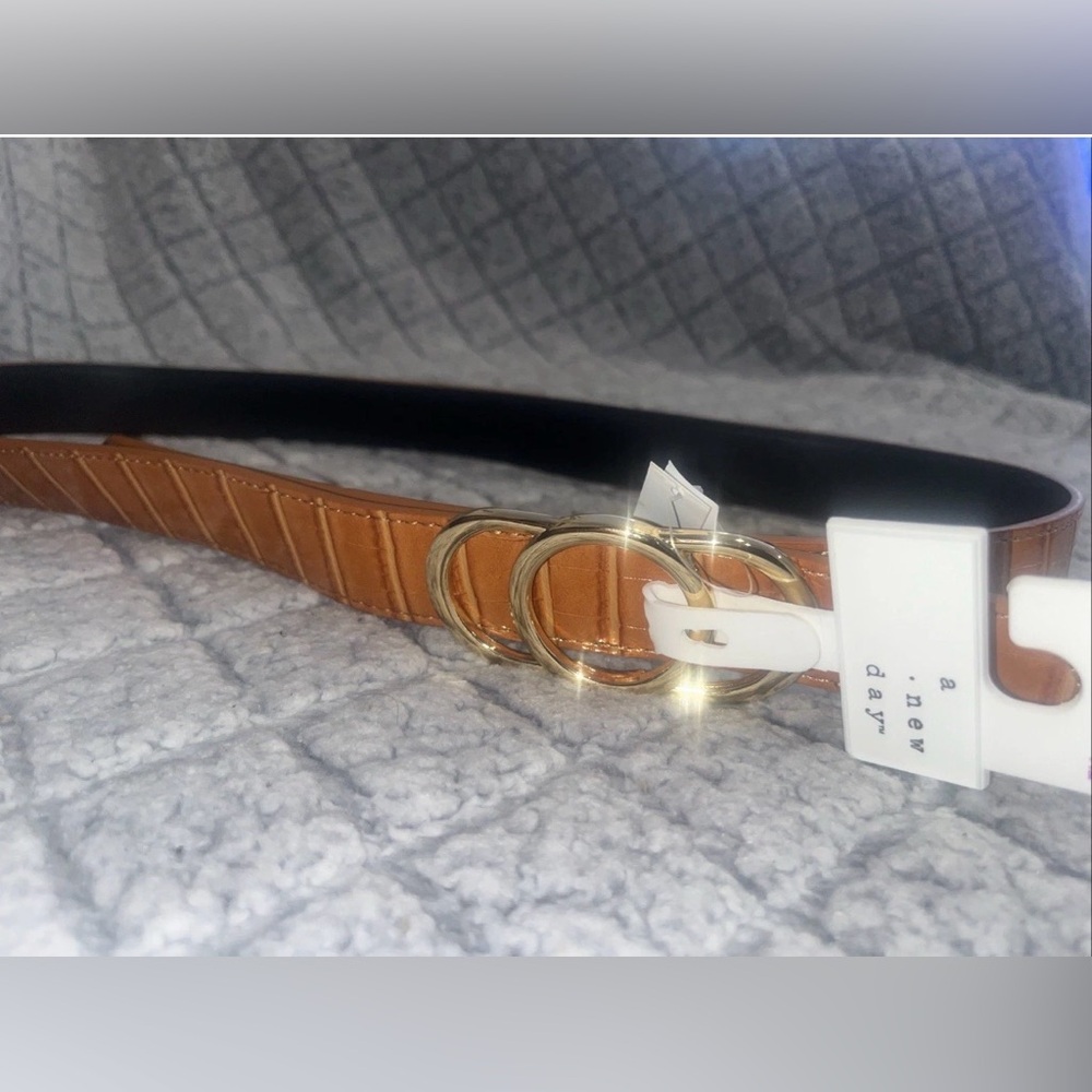 A New Day Womens XL Cognac Belt Gold Double Ring Buckle Tan Waist Belt - Picture 6 of 8